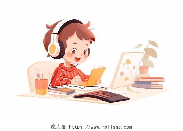 一个戴着耳机在电脑前学习的小男孩卡通AI插画儿童教育